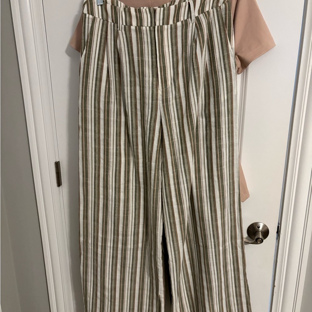 Commense Beige and Olive Striped Wide-Leg Pants